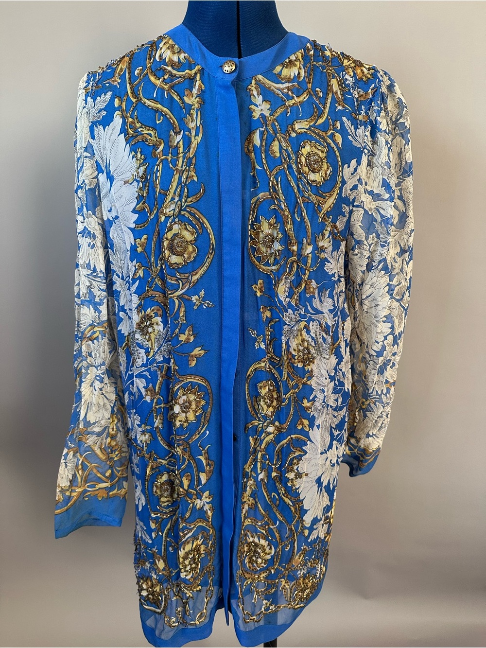 Vintage 90’s Elegant Blue Floral Embroidered Long Jacket